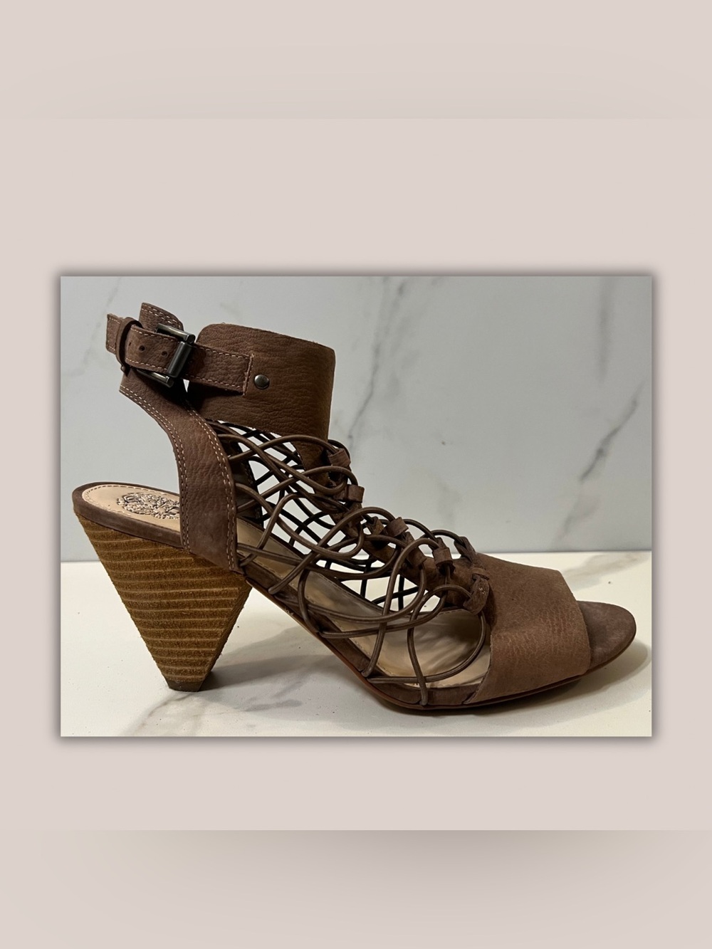 VINCE CAMUTO STRAPPY CONE HEEL SANDALS - BROWN | SZ 9.5